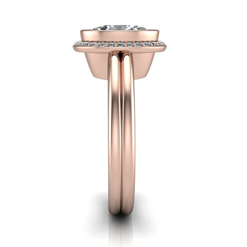 Maggie oval halo engagement ring in 14K Rose Gold, side profile showing the bezel-framed halo head and the two polished rails of the split shank