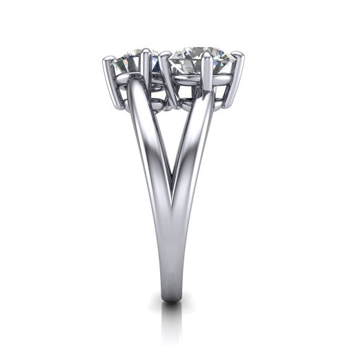 Michelle round three stone engagement ring in Platinum, side profile showing the polished split shank dividing into two rails beneath the two-stone head