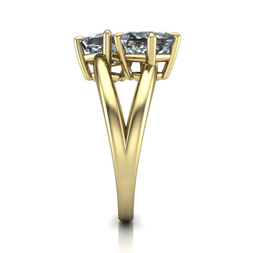 Michelle asscher three stone engagement ring in 14K Yellow Gold, side profile showing the polished split shank dividing into two rails beneath the two-stone head