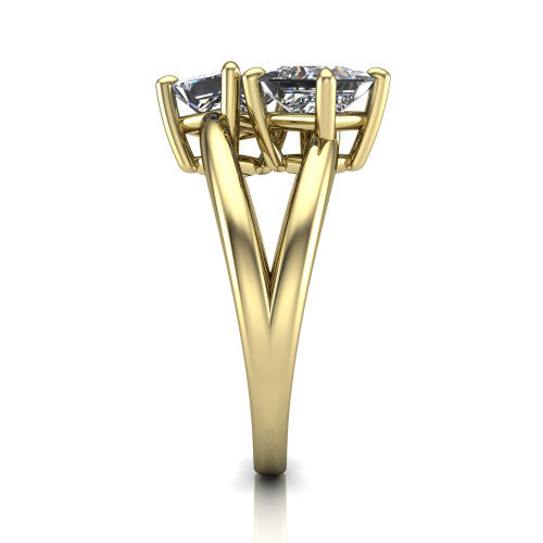 Michelle princess three stone engagement ring in 18K Yellow Gold, side profile showing the polished split shank dividing into two rails beneath the two-stone head