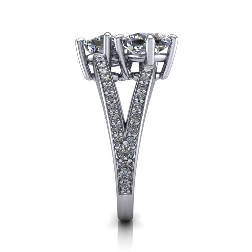 Malani cushion three stone engagement ring in 18K White Gold, side profile showing the split shank dividing into two pavé rows beneath the two-stone head