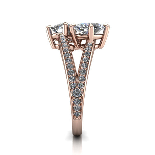 Malani oval three stone engagement ring in 14K Rose Gold, side profile showing the split shank dividing into two pavé rows beneath the two-stone head
