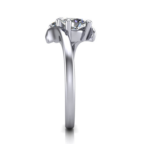 Alayna oval three stone engagement ring in 18K White Gold, side profile showing the bypass swirl shoulders crossing beneath the two-stone head