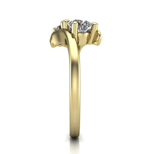 Alayna round three stone engagement ring in 14K Yellow Gold, side profile showing the bypass swirl shoulders crossing beneath the two-stone head