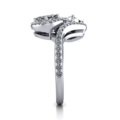 Jane asscher three stone engagement ring in 18K White Gold, side profile showing the bypass swirling shoulders and pave diamonds wrapping the top and outer sides of the shank