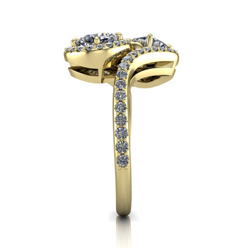 Jane cushion three stone engagement ring in 14K Yellow Gold, side profile showing the bypass swirling shoulders and pave diamonds wrapping the top and outer sides of the shank