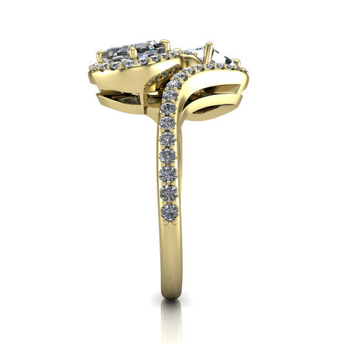 Jane asscher three stone engagement ring in 18K Yellow Gold, side profile showing the bypass swirling shoulders and pave diamonds wrapping the top and outer sides of the shank