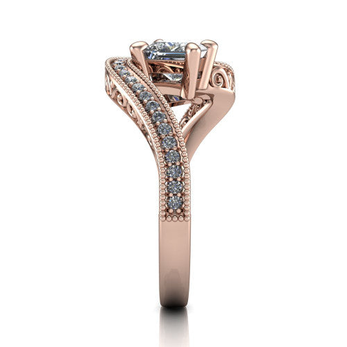 Stevie princess three stone engagement ring in 14K Rose Gold, side profile showing the engraved filigree scrolls, pave diamond center row, and milgrain bead borders along the band