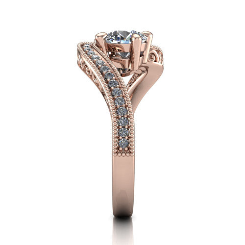 Stevie round three stone engagement ring in 14K Rose Gold, side profile showing the engraved filigree scrolls, pave diamond center row, and milgrain bead borders along the band