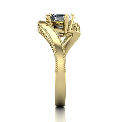 Logan square emerald three stone engagement ring in 18K Yellow Gold, side profile showing the hand-engraved filigree shoulders and milgrain bead borders along the band