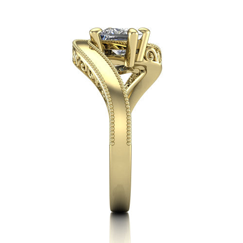 Logan princess three stone engagement ring in 14K Yellow Gold, side profile showing the hand-engraved filigree shoulders and milgrain bead borders along the band