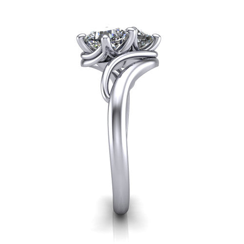 Julianna cushion three stone engagement ring in Platinum, side profile showing the multi-ribbon shoulders curving around the head before rejoining as one band