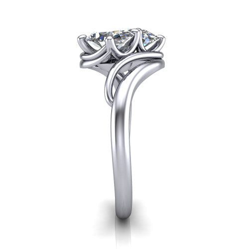 Julianna oval three stone engagement ring in 18K White Gold, side profile showing the multi-ribbon shoulders curving around the head before rejoining as one band