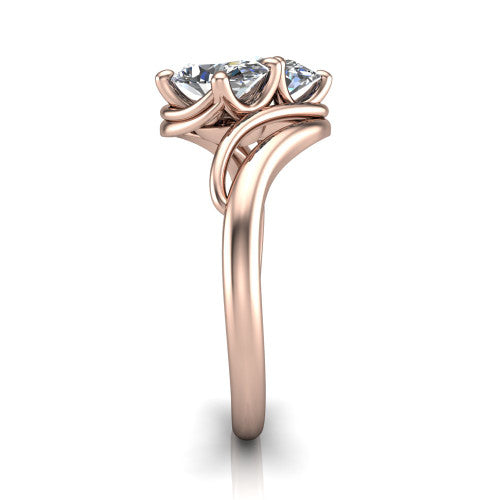 Julianna oval three stone engagement ring in 14K Rose Gold, side profile showing the multi-ribbon shoulders curving around the head before rejoining as one band