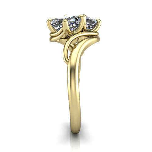 Julianna square emerald three stone engagement ring in 18K Yellow Gold, side profile showing the multi-ribbon shoulders curving around the head before rejoining as one band