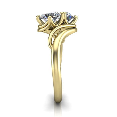 Julianna round three stone engagement ring in 14K Yellow Gold, side profile showing the multi-ribbon shoulders curving around the head before rejoining as one band