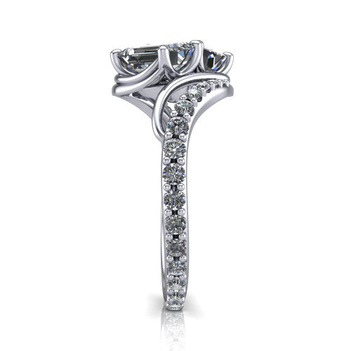 Gwen emerald three stone engagement ring in 14K White Gold, side profile showing the bypass curving shoulders and pave diamonds wrapping the top and outer sides of the shank