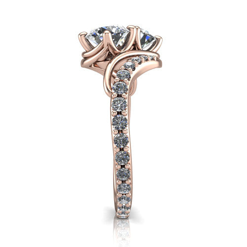 Gwen round three stone engagement ring in 18K Rose Gold, side profile showing the bypass curving shoulders and pave diamonds wrapping the top and outer sides of the shank