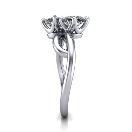 Mya cushion three stone engagement ring in 18K White Gold, side profile showing the band crossing beneath the head as a smooth polished infinity loop