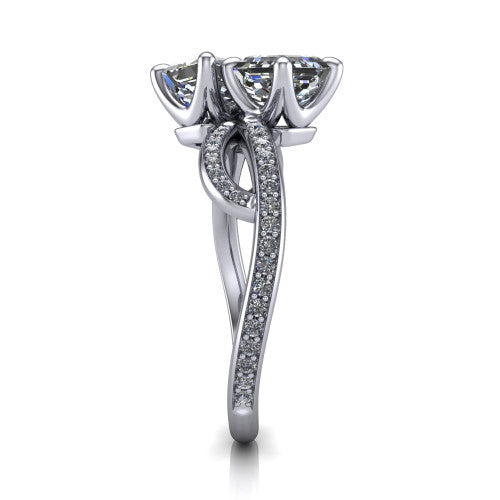 Angelina square emerald three stone engagement ring in 14K White Gold, side profile showing the band crossing beneath the head as a pave-covered infinity loop