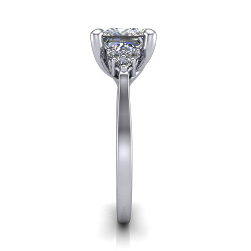 Raegan princess three stone engagement ring in 14K White Gold, side profile showing the cluster head, tall basket, and slim polished band