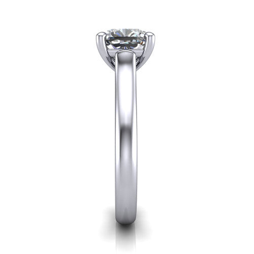 Madilyn cushion solitaire engagement ring in 14K White Gold, side profile showing the hidden pave accent under the basket and slim polished plain band