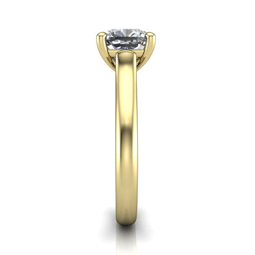 Madilyn cushion solitaire engagement ring in 18K Yellow Gold, side profile showing the hidden pave accent under the basket and slim polished plain band