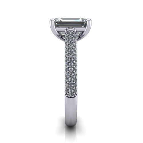 Izabella emerald solitaire engagement ring in 14K White Gold, side profile showing the 3-sided micropave diamonds wrapping the top and outer sides of the shank