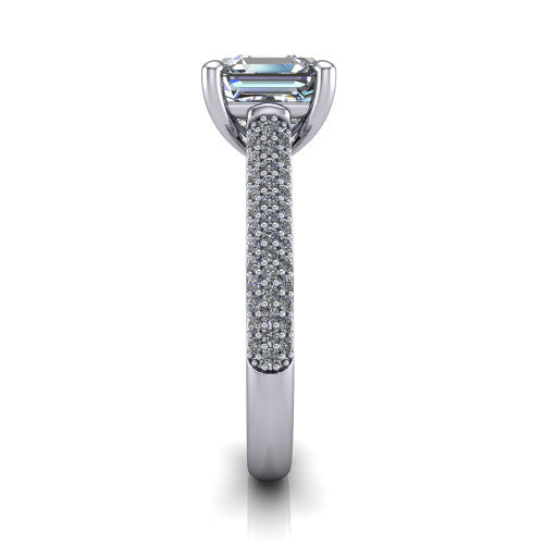 Izabella square emerald solitaire engagement ring in 18K White Gold, side profile showing the 3-sided micropave diamonds wrapping the top and outer sides of the shank