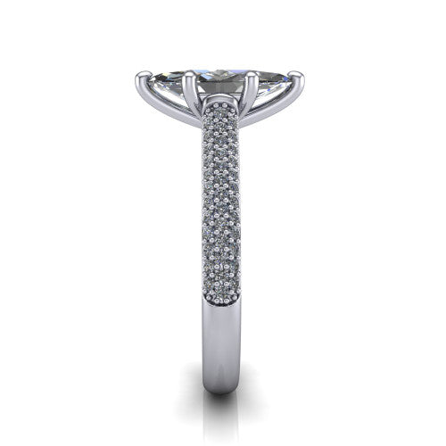 Izabella marquise solitaire engagement ring in 14K White Gold, side profile showing the 3-sided micropave diamonds wrapping the top and outer sides of the shank