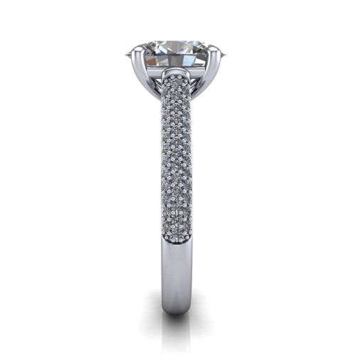 Izabella oval solitaire engagement ring in 14K White Gold, side profile showing the 3-sided micropave diamonds wrapping the top and outer sides of the shank