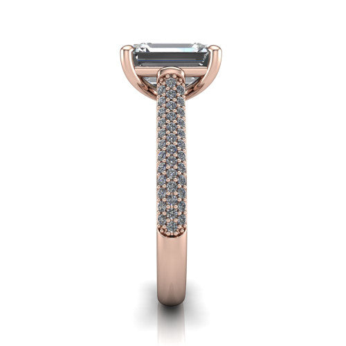 Izabella emerald solitaire engagement ring in 18K Rose Gold, side profile showing the 3-sided micropave diamonds wrapping the top and outer sides of the shank