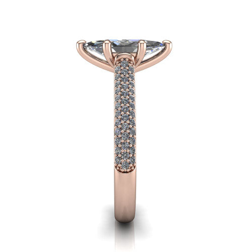 Izabella marquise solitaire engagement ring in 18K Rose Gold, side profile showing the 3-sided micropave diamonds wrapping the top and outer sides of the shank