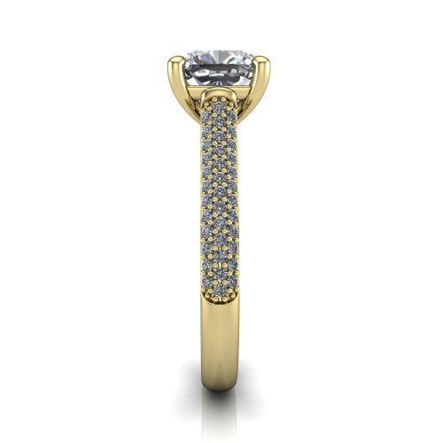 Izabella cushion solitaire engagement ring in 14K Yellow Gold, side profile showing the 3-sided micropave diamonds wrapping the top and outer sides of the shank