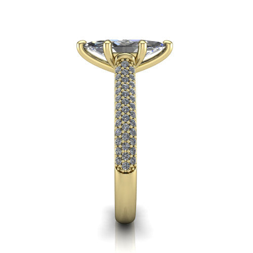 Izabella marquise solitaire engagement ring in 14K Yellow Gold, side profile showing the 3-sided micropave diamonds wrapping the top and outer sides of the shank