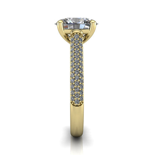 Izabella oval solitaire engagement ring in 14K Yellow Gold, side profile showing the 3-sided micropave diamonds wrapping the top and outer sides of the shank