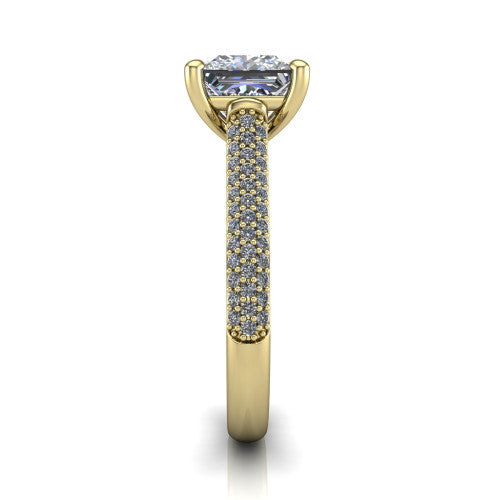 Izabella princess solitaire engagement ring in 18K Yellow Gold, side profile showing the 3-sided micropave diamonds wrapping the top and outer sides of the shank