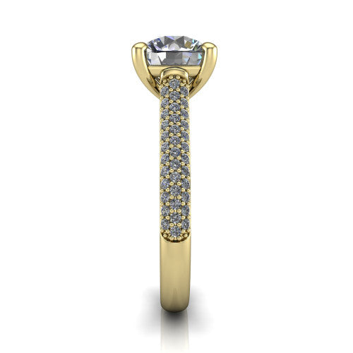 Izabella round solitaire engagement ring in 18K Yellow Gold, side profile showing the 3-sided micropave diamonds wrapping the top and outer sides of the shank