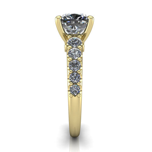 Nina cushion solitaire engagement ring in 18K Yellow Gold, side profile showing the hidden under-halo beneath the center stone and pave diamonds along the shoulders