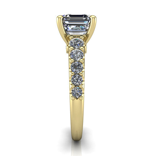 Nina square emerald solitaire engagement ring in 14K Yellow Gold, side profile showing the hidden under-halo beneath the center stone and pave diamonds along the shoulders