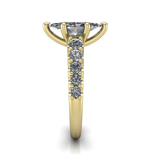 Nina marquise solitaire engagement ring in 14K Yellow Gold, side profile showing the hidden under-halo beneath the center stone and pave diamonds along the shoulders