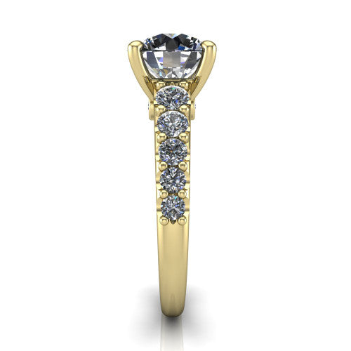 Nina round solitaire engagement ring in 18K Yellow Gold, side profile showing the hidden under-halo beneath the center stone and pave diamonds along the shoulders