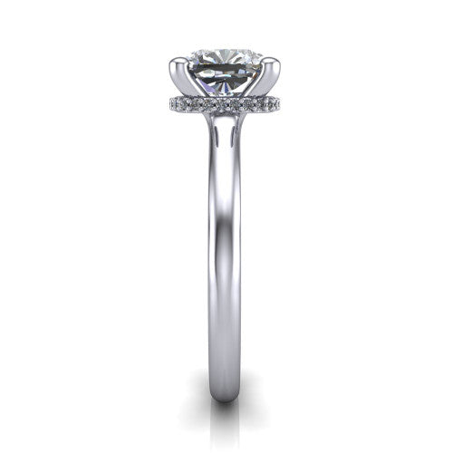 Jocelyn cushion hidden halo engagement ring in 14K White Gold, side profile showing the hidden halo beneath the basket