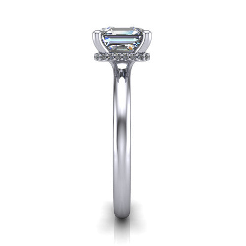Jocelyn square emerald hidden halo engagement ring in 18K White Gold, side profile showing the hidden halo beneath the basket