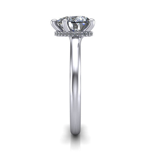 Jocelyn heart hidden halo engagement ring in 18K White Gold, side profile showing the hidden halo beneath the basket