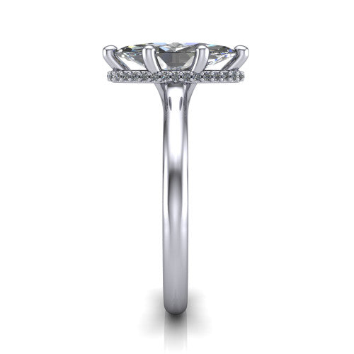 Jocelyn marquise hidden halo engagement ring in 14K White Gold, side profile showing the hidden halo beneath the basket