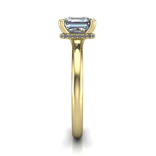 Jocelyn square emerald hidden halo engagement ring in 14K Yellow Gold, side profile showing the hidden halo beneath the basket
