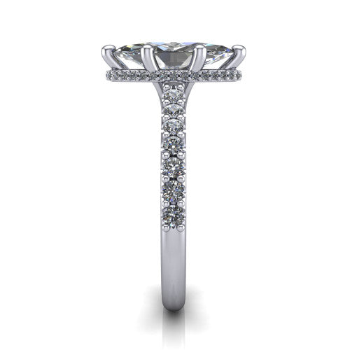 Nadia marquise hidden halo engagement ring in 18K White Gold, side profile showing the hidden pave halo under the center stone and pave diamonds running continuously around the shank
