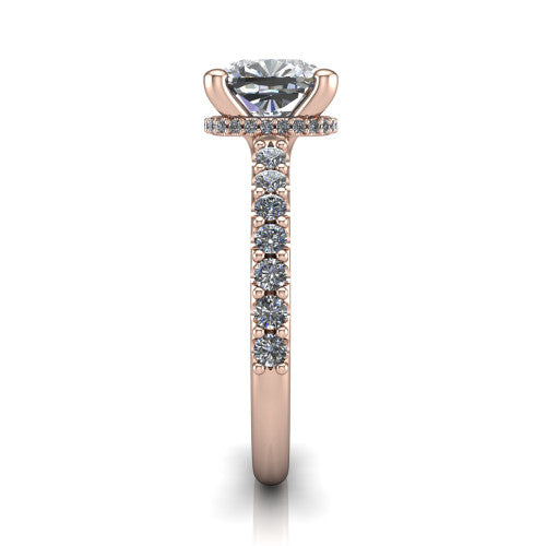 Nadia cushion hidden halo engagement ring in 14K Rose Gold, side profile showing the hidden pave halo under the center stone and pave diamonds running continuously around the shank