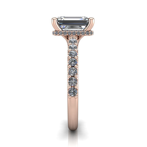 Nadia emerald hidden halo engagement ring in 18K Rose Gold, side profile showing the hidden pave halo under the center stone and pave diamonds running continuously around the shank